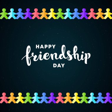 Vektör mutlu dostluk günü afiş. Gökkuşağı renkli kağıt insanlar ile kara tahta arka plan üzerinde beyaz metin. Web, poster, davetiye kartı, parti, okul etkinliği, baskı için tatil tasarımı.