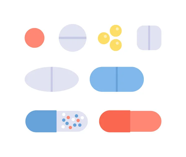 Conjunto de pastillas de color plano vectorial. Coloridas píldoras rojas, azules, amarillas, blancas aisladas sobre fondo blanco. Elemento de diseño para web, pancarta, póster, presentación del tema farmacéutico médico, hospital, farmacia . — Vector de stock