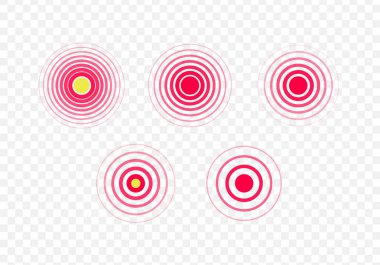 Vektör ağrı nokta radyal simgeleri kümesi. Kırmızı degrade düz daire ağrı sembolü saydam arka plan üzerinde izole. Infografik, ilaçlar, tedavi, tıbbi poster, sağlık için tasarım elemanı illüstrasyon