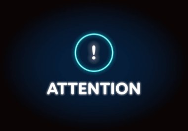 Vektör neon ışık dikkat afiş şablonu. Ünlem işareti ve beyaz metin satış için parlaklık Tasarım elemanı ile siyah arka plan izole ile parlayan mavi daire işareti, anket, promosyon, önemli bilgi