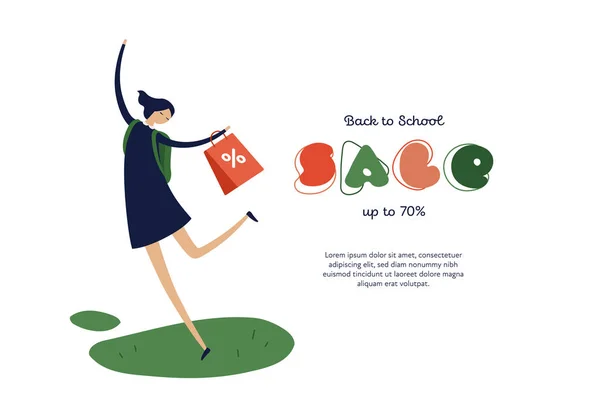 Plantilla de banner de escuela femenina plana vectorial. Chica feliz con bolsa de símbolo de descuento y fuente decorativa aislada sobre fondo blanco. Bono de diseño para la venta de otoño para la universidad web, universidad, suministros . — Archivo Imágenes Vectoriales