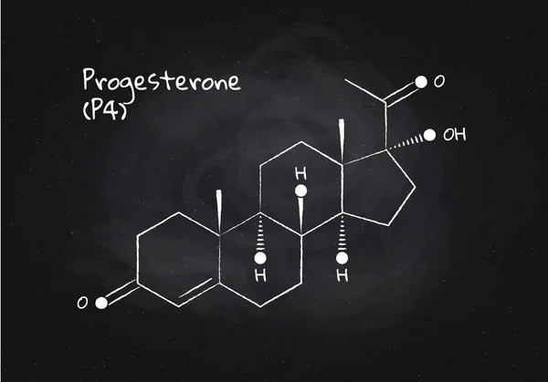 Vektor Progesteron Struktur Banner Illustration. Hormon im Zusammenhang mit einer Schwangerschaft. weiße Kreidestriche isoliert auf schwarzem Hintergrund. Gestaltungselement für Pharmazie, Bildung, Medizin. — Stockvektor