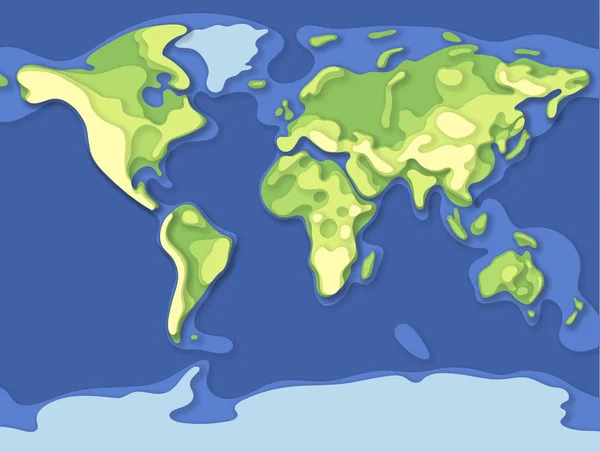 Vektor papír föld világtérkép. Modern stílusú 3D-s kék, zöld, sárga színű illusztráció kontinens árnyékok és magassági. Úti Globe design elem, infographic, jelentés, reklám. — Stock Vector