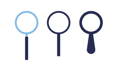 Büyüteç düz Illustration vektör seti. Beyaz arka planda izole üç renkli siyah ve mavi büyüteç. Konsept bilim analitik enstrüman, Dedektif, odak, büyütme.