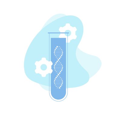 Vektör genetik mühendisliği Banner şablonu. Sıvı arka planda dişli tekerleği ile mavi renk laboratuar tüpü. Tıp, bilim, klinik, deney, terapi, araştırma için tasarım elemanı