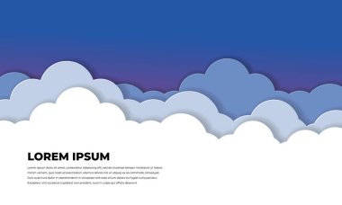 Vektör soyut bulutlu günbatımı gökyüzü afiş. Kağıt degrade akşam renkli gökyüzü arka planda metin yer tutucu ile mavi bulutlar beyaz kesti. Poster, zemin, duvar kağıdı, broşür için tasarım elemanı