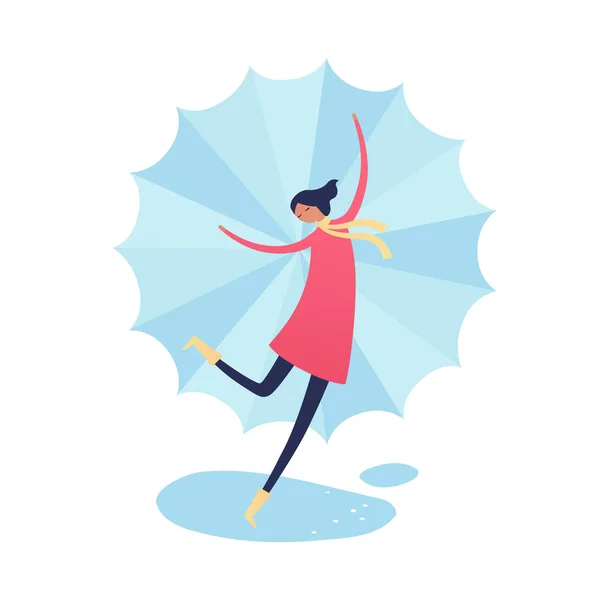 Векторный персонаж осенняя иллюстрация. Плоская счастливая женщина в красном пальто с шарфом и зонтиком, танцующая под дождём на белом фоне. Элемент дизайна для плаката, продвижения, открытки, медиа, макета — стоковый вектор