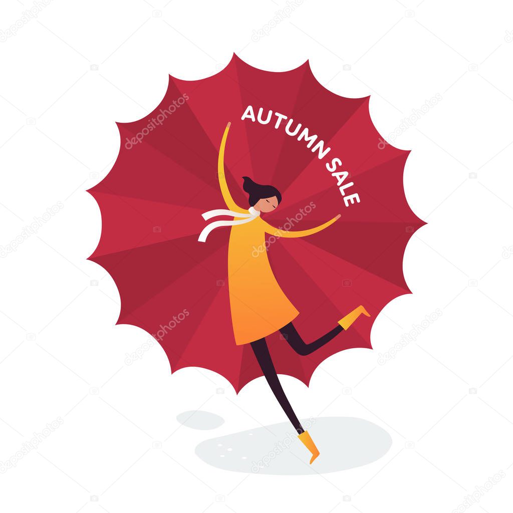 Vector character autumn sale banner template. Flat female in coat with scarf and umbrella hold text in hands isolated on white background. Design element for poster, promotion, card, media, layout