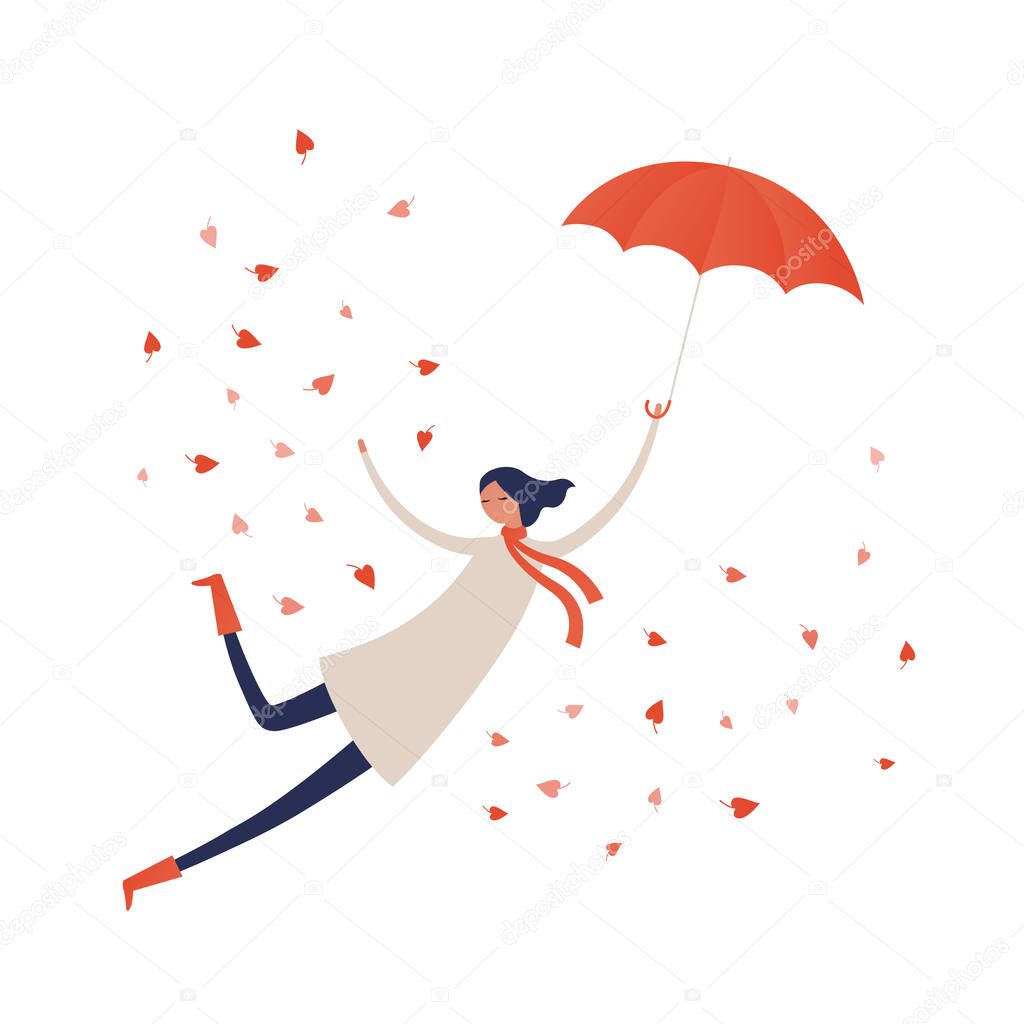 Vector character autumn illustration. Flat cheerful female in coat with scarf flying by umbrella in leaf fall isolated on white background. Design element for poster, promotion, card, media, layout