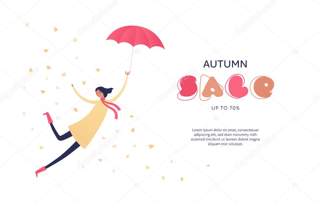 Vector character autumn sale banner template. Flat female in coat with scarf hold shopping bag with decor fluid font. Design element for poster, promotion, card, media, layout, brochure.