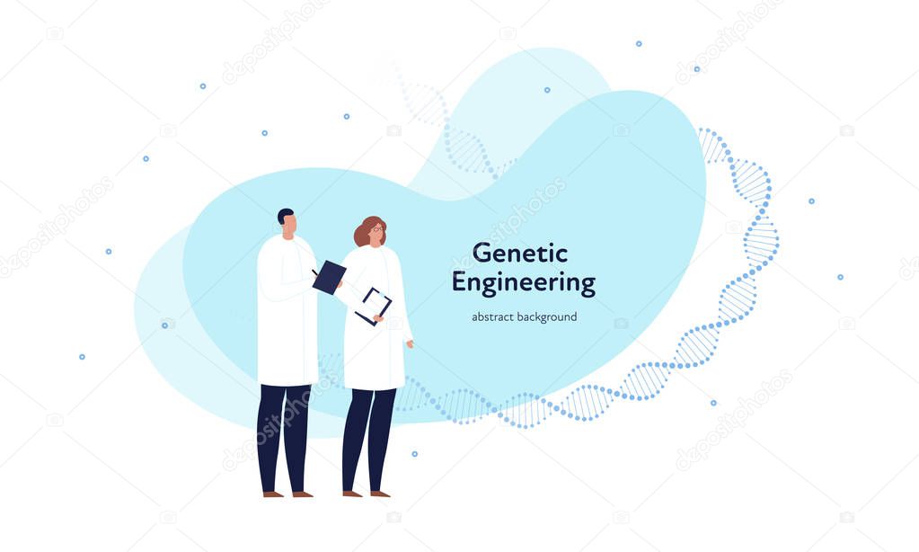 Vector genetic character banner template. Blue shape, gene dna spiral and medical scientist team on white background. Design element for healthcare, medicine, science, clinic, therapy, research