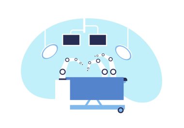 Vektör modern düz Robotik cerrahi illüstrasyon. Beyaz arka planda yalıtılmış monitör ve lamba ile ameliyathane robot el cerrahı. Tıp Web, ui, poster, afiş için tasarım elemanı.