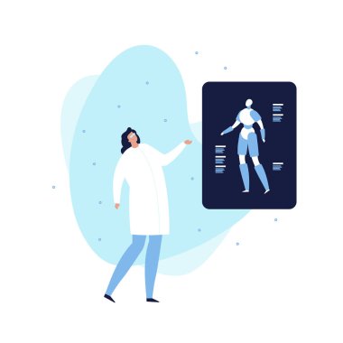 Vektör modern düz robotik bilim afiş şablonu. Kadın bilim adamı ve beyaz arka planda izole trendy sıvı Me, şekil mavi Android poster. Gelecek bilim, robotik, Ai için tasarım elemanı.