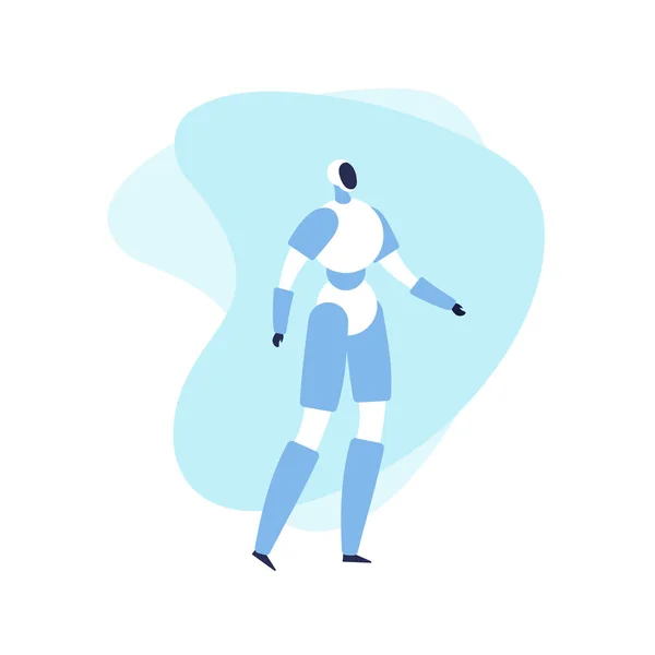Vector moderne platte robot banner sjabloon. Wit en blauw staande Android op vloeiende vormen achtergrond geïsoleerd op wit. Ontwerpelement voor wetenschap, Robotic, engineering, kunstmatige intellegence poster — Stockvector