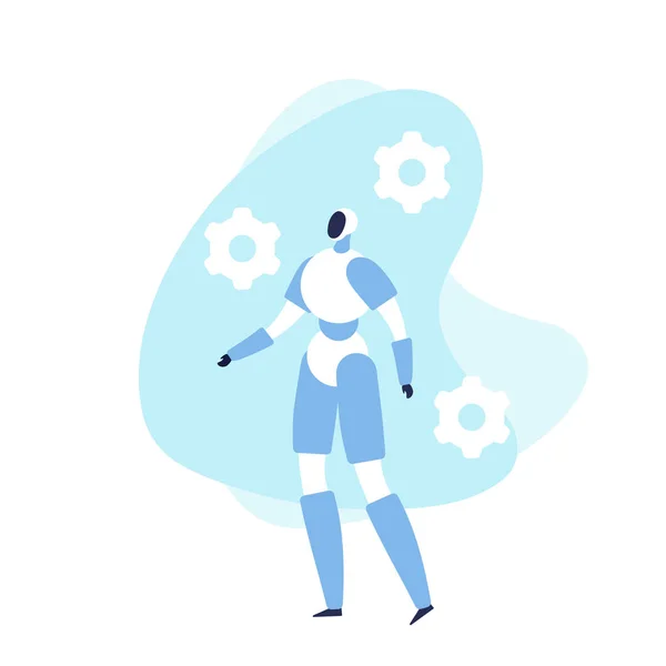 Modèle de bannière robot plat moderne vectoriel. Caractère androïde bleu sur fond fluide avec roues dentées isolées sur blanc. Élément de conception pour la science, robotique, ingénierie, affiche ai — Image vectorielle