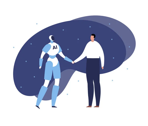 Vektör modern düz yapay zeka iletişim afiş şablonu. Mavi robot ve erkek adam el sallamak ve konuşmak. Gelecek bilim, robotik, Ai poster için tasarım elemanı.