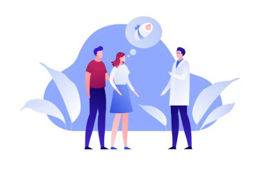Vektör modern düz aile planlaması illüstrasyon. Çift doğum ve mavi sıvı şekli arka plan çocuk hakkında doktor konuşmak. Afiş, poster, klinik, infographics için tasarım öğesi.