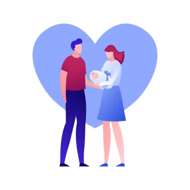 Vektör modern düz yenidoğan anne karakter illüstrasyon. Mutlu baba ve anne çift beyaz üzerinde kalp şekli çerçeve üzerinde bebek tutarak. Afiş, poster, infographics için Romantik Tasarım öğesi.