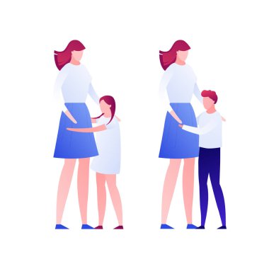 Vektör modern düz çocuk anne karakter illüstrasyon. Beyaz arka planda izole kızı ve oğlu ile Mutlu kadın sarılmak. Tasarım öğesi. Ebeveyn çocuk sevgisi kavramı, evlat edinme, ilişki.