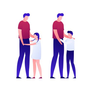 Vektör modern düz çocuk baba karakter illüstrasyon. Beyaz arka planda izole kızı ve oğlu ile Mutlu adam sarılmak. Tasarım öğesi. Çocuk sevgisi kavramı, evlat edinme, ilişki, tek ebeveyn.