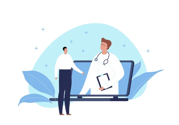 Vektör modern düz online tıp afiş şablonu illüstrasyon. Doktor pc ekranında duran ve beyaz sıvı mavi şeklinde erkek hasta ile konuşuyor. Web, hastane, klinik, infografik için tasarım