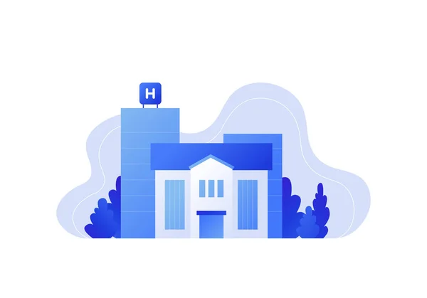 Векторна сучасна плоска лікарня ландшафтна ілюстрація. Блакитний градієнтний класичний будинок і скіппер з деревом на рамці у формі рідини на білому. Елемент дизайну для медичного плаката, шаблону, звіту, інтернету — стоковий вектор