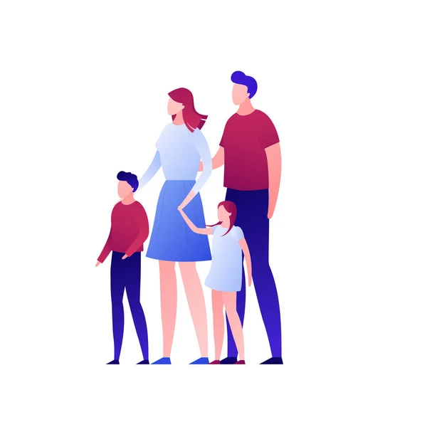 ベクトルモダングラデーションフラットファミリイラスト。手をつないで、白い背景に孤立した立っている息子と娘を持つ両親のカップル。バナー、ポスター、インフォグラフィックのデザイン要素. — ストックベクタ