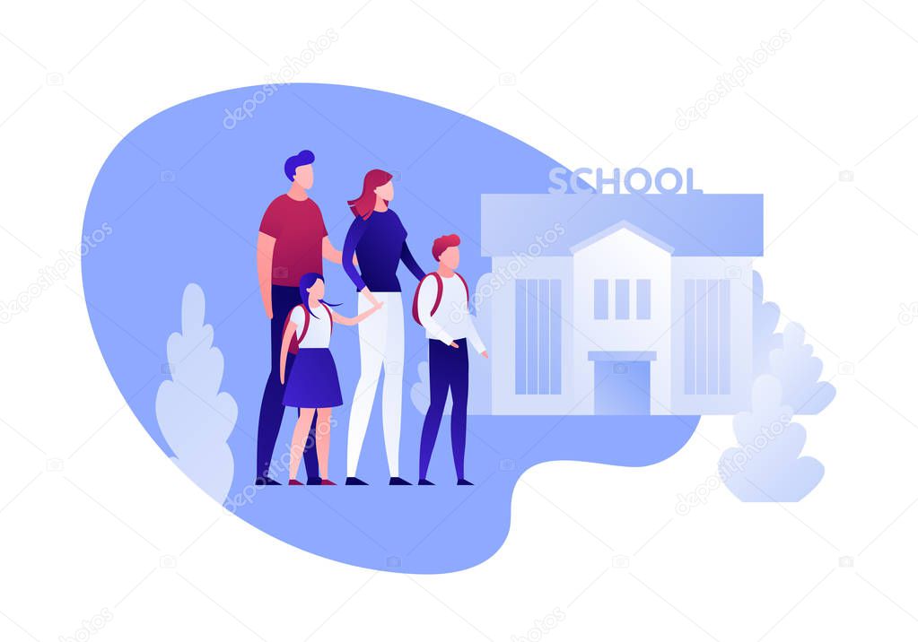 Vector modern flat back to school family character illustration. Parents with kids going to school building with trees in fluid shape frame on white. Design element for banner, poster, card