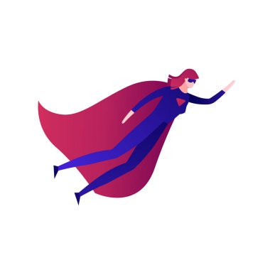 Vektör modern düz süper kahraman kişi illüstrasyon. Beyaz arka plan üzerinde izole uçan kırmızı pelerin ile süper kahraman takım elbiseli kadın. Feminist liderlik afişi, poster, infografik, reklam için tasarım öğesi.