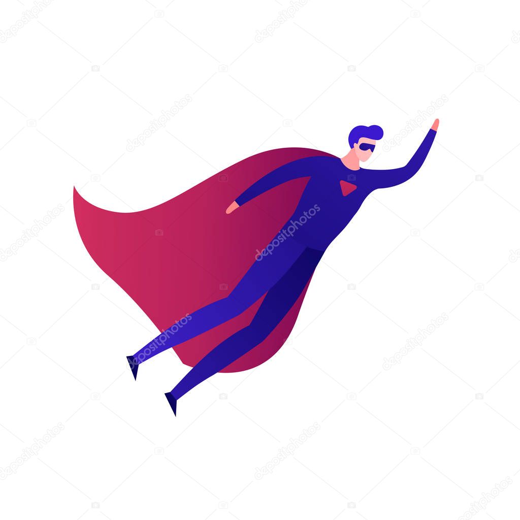 Vector modern flat superhero person illustration. Male in super hero suit with red cape flying isolated on white background. Design element for office leadership banner, poster, infographic, ad.