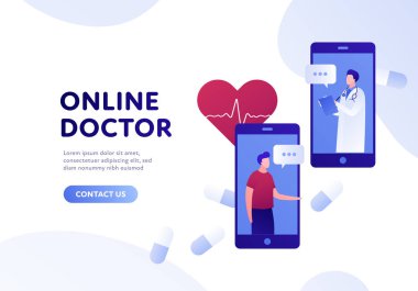 Vektör modern düz online doktor afiş şablonu. Erkek doktor ve hasta ile Smartphone, haplar ve beyaz arka plan üzerinde kalp. Web kliniği, hastane, servis, tanı, reklam için tasarım