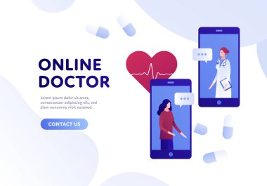 Vektör modern düz online doktor afiş şablonu. Kadın doktor ve hasta ile Smartphone, haplar ve beyaz arka plan üzerinde kalp. Web kliniği, hastane, servis, tanı, reklam için tasarım