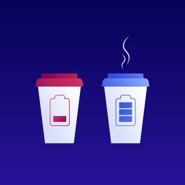Vektör modern düz kahve pil simgesi illüstrasyon seti. Mavi arka plan üzerinde izole renk fincan duman ve enerji sembolü ile beyaz kupa. Sabah enerjisi kavramı, şarj içkisi. Tasarım öğesi