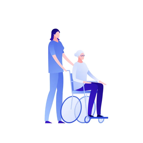 Η σύγχρονη επίπεδη εικόνα του νοσηλευτικού προσώπου. Ζευγάρι της γυναίκας ηλικιωμένη κυρία κάθεται σε αναπηρικό αμαξίδιο και φροντιστή απομονωθεί σε λευκό σχεδιασμό στοιχείο χαρακτήρα για πανό, αφίσα. Έννοια της αναπηρίας — Διανυσματικό Αρχείο