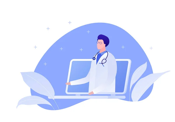 Διάνυσμα μοντέρνα επίπεδη online εικονογράφηση γιατρού. Φορητός υπολογιστής με άντρα γιατρό σε σχήμα μπλε υγρού με φύλλο απομονωμένο σε λευκό φόντο. Σχεδιασμός για διαδικτυακή κλινική, νοσοκομείο, υπηρεσία, διαγνωστικό, διαφήμιση — Διανυσματικό Αρχείο