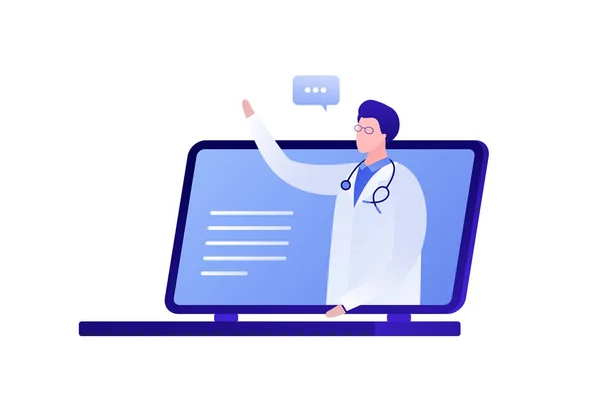 Векторні сучасні плоскі онлайн ілюстрації лікаря. Ноутбук з лікарем-чоловіком і бульбашкою розмов ізольовано на білому тлі. Дизайн для веб-клінік, лікарні, сервісу, діагностики, реклами — стоковий вектор