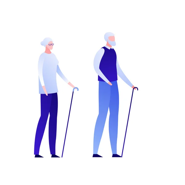 Vektor lapos modern, régi pár karakter illusztráció. Pár férfi, nő az idősek sétált bottal elszigetelt fehér háttér. Design elem banner, poszter, inforgraphic, web, kártya — Stock Vector