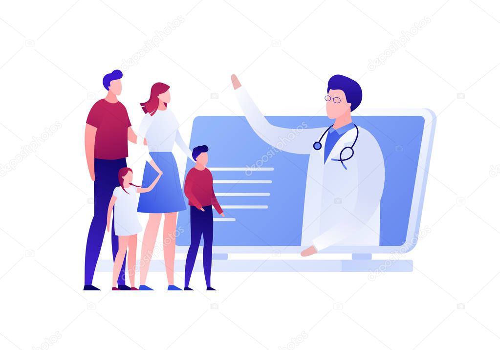 Vector modern flat online doctor illustration. Laptop with man doctor talking with family isolated on white background. Design for web clinic, hospital, service, diagnostic, advertisment