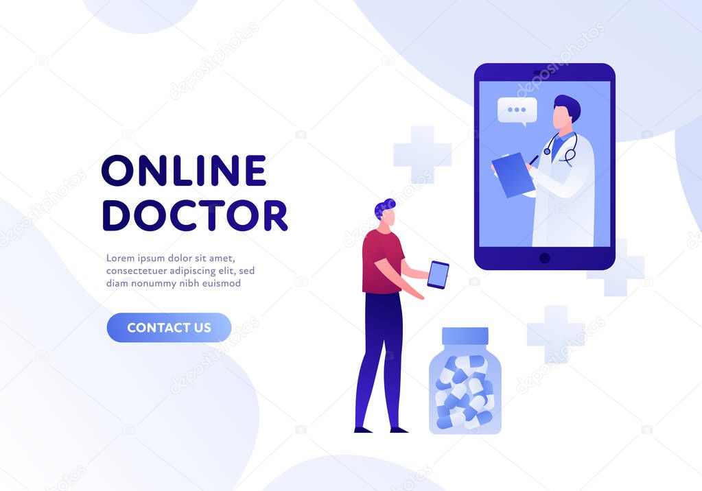 Vector modern flat online doctor banner template. Smartphone with doctor and patient with pills on white background with fluid shape. Design for web clinic, hospital, service, diagnostic, advertisment