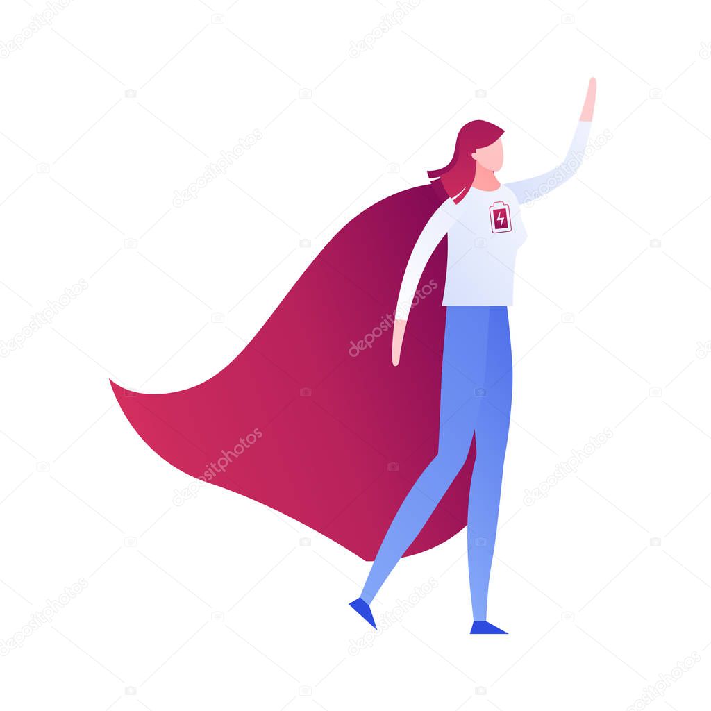 Vector modern flat superhero person energy illustration. Color hero female with cloak and full battery charge symbol isolated on white. Concept of efficency, success, idea, solution. Design element