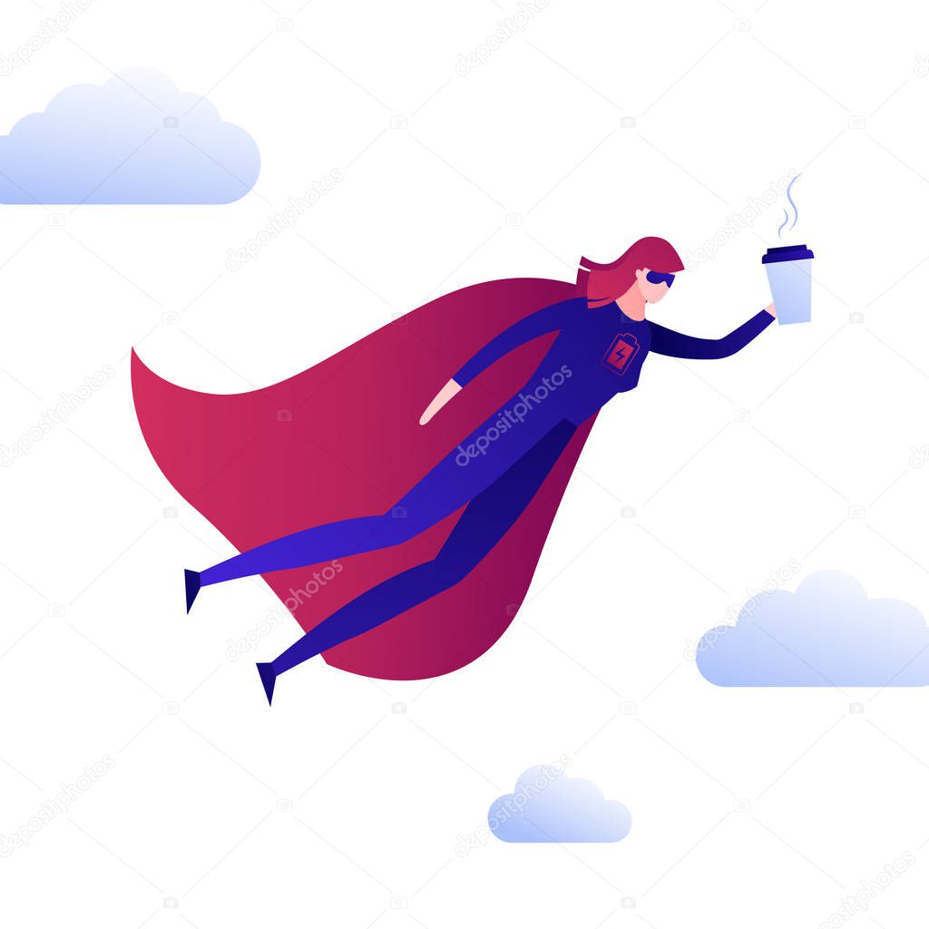 Vector modern flat coffee superhero person illustration. Color female hero in red cloak flying with cup in cloudy sky isolated on white. Concept of morning energy, charging drink. Design element