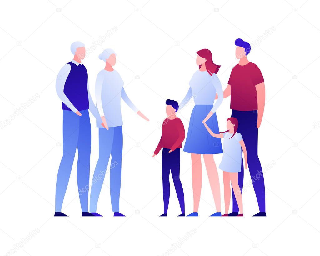 Vector flat modern big family character illustration. Grandparent with male and female child and boy girl grandchild isolated on white background. Design element Concept of family love, relationship