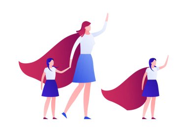 Vektör modern düz aile süper kahraman illüstrasyon. Kadın güçlü poz kırmızı pelerin li kızı ve kız tutan beyaz izole. Tebrik kartı, kart, reklam, infographics, banner için tasarım öğesi.