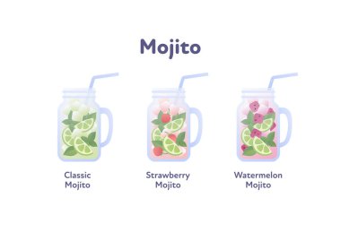 Vektör modern düz mojito kokteyl illüstrasyon seti. Klasik renkli camlar, karpuz, çilek içeceği beyaz üzerine izole edilmiştir. Alkollü içecek menüsü, reklam, restoran, kafe için tasarım öğesi.
