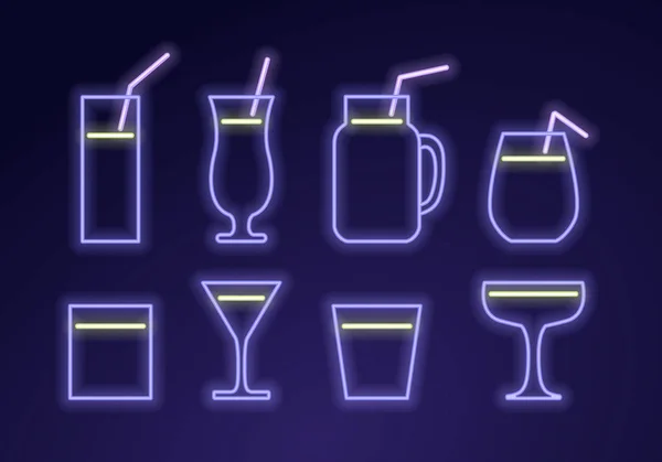 Vector moderno neón luz cóctel icono conjunto. Vasos azules con paja rosa y símbolo líquido aislados sobre fondo degradado. Elemento de diseño para menú de bebidas alcohólicas, anuncio, restaurante, cafetería . — Archivo Imágenes Vectoriales