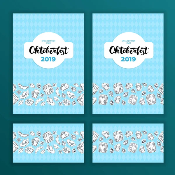 Vector oktoberfest banner template set. Poster and border frame with outline food beverages icons. Text Oktoberfest Willcome zum (Welcome to). Design for card, invitation, beer menu, label, ad, event. — Stock Vector