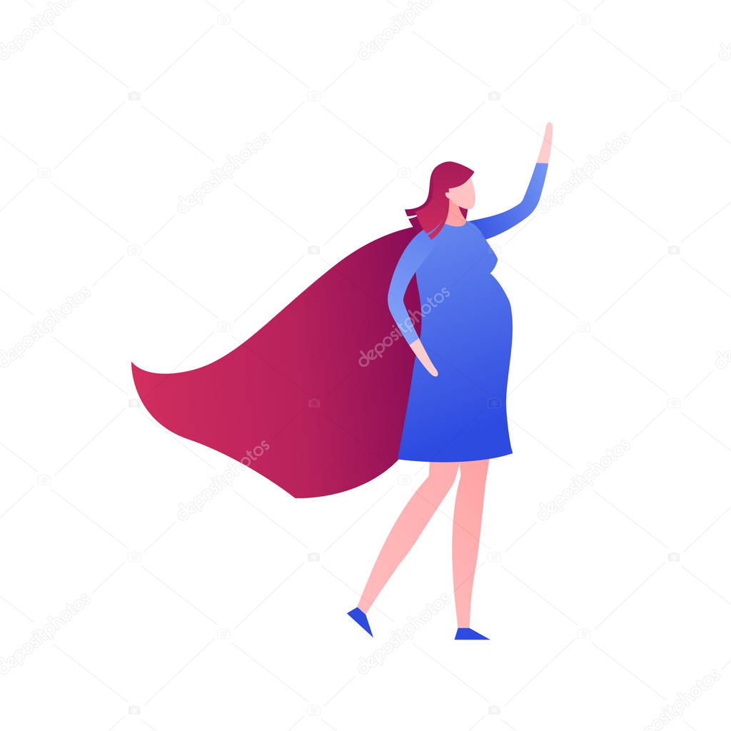 Vector modern flat mother super hero illustration. Pregnant female in blue dress and red cape in strong pose isolated on white. Design element for greeting card, card, medical ad, infographics, banner
