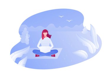 Vektör modern düz açık çalışma karakteri illüstrasyon. Doğa parkında yapraklı dizüstü bilgisayarla oturan genç kadın. Afiş, poster, web için rahatlık peyzaj Tasarım elemanı serbest çalışma Kavramı