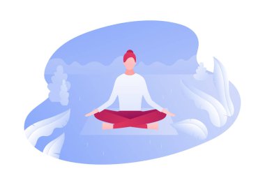Vektör modern düz açık meditasyon karakter illüstrasyon. Genç kadın park arka planda yoga lotus oturan meditasyon. Doğada rahatlama kavramı. Afiş, poster, web için tasarım öğesi.