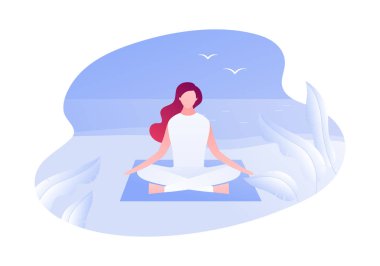 Vektör modern düz açık meditasyon karakter illüstrasyon. Genç kadın plaj arka planda yoga lotus oturan meditasyon. Doğada rahatlama kavramı. Afiş, poster, web için tasarım öğesi.